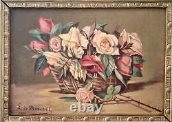 Translate this title into English: 'Antique painting from the early 20th century, oil on canvas, still life, Art Deco style, signed, 19th century wooden and stucco frame'