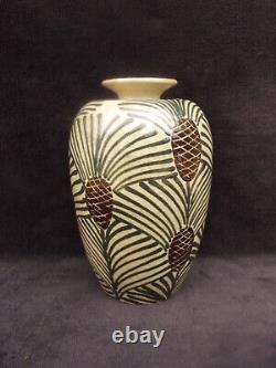 Translation: Antique ceramic vase signed Elchinger and Cie, Art Deco pine cone decor