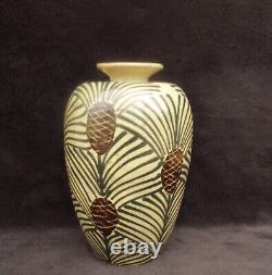 Translation: Antique ceramic vase signed Elchinger and Cie, Art Deco pine cone decor