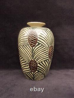 Translation: Antique ceramic vase signed Elchinger and Cie, Art Deco pine cone decor