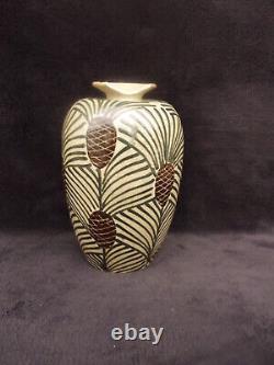 Translation: Antique ceramic vase signed Elchinger and Cie, Art Deco pine cone decor