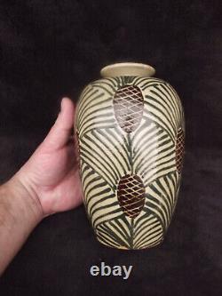 Translation: Antique ceramic vase signed Elchinger and Cie, Art Deco pine cone decor