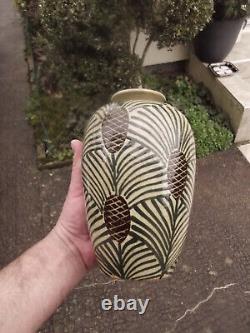 Translation: Antique ceramic vase signed Elchinger and Cie, Art Deco pine cone decor