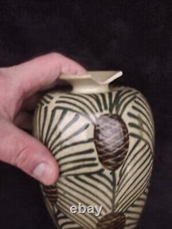 Translation: Antique ceramic vase signed Elchinger and Cie, Art Deco pine cone decor