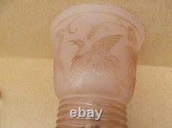 Translation: Vintage Art Deco Lamp Signed Deveau Acid-Etched Glass Decor with Stork and Flower