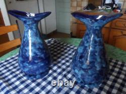 Two Vases Art Deco Ceramic Blue Varnish Signed Xxeme