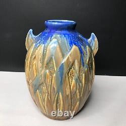 Vase Art Deco In Flamed Sandstone Signed Gilbert Metenier Blue By Gannat 1920 1940