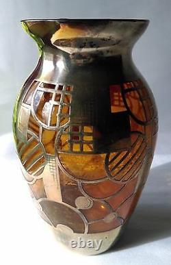 Vase Art Deco In Verre And Metal In Geometric Decor Signed By Deulch N° 1000/100o