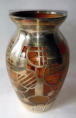 Vase Art Deco In Verre And Metal In Geometric Decor Signed By Deulch N° 1000/100o