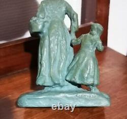 Very Beautiful Bronze Sculpture With Green Skating Signed Cipriani Mother Child Art Deco