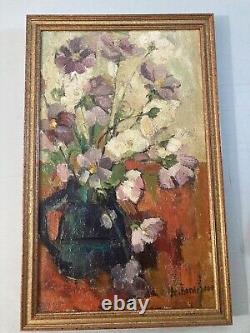 Very Beautiful Painting Canvas Ancient 1950 Art Deco Flower Bouquet Pot Signed