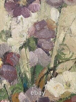 Very Beautiful Painting Canvas Old Tableau 1950 Art Deco Flower Bouquet Pot Signed