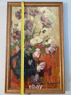 Very Beautiful Painting Canvas Vintage 1950 Art Deco Flower Bouquet Pot Signed.