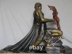 Very Large Sculpture Art Deco 1930 Limousin 61cm X 46cm Woman & Bird Statue