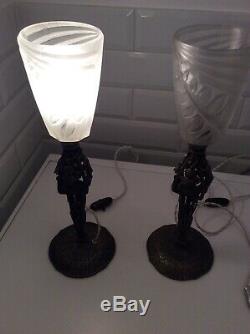 Very Nice Pair Of Lamps Art Deco Iron And Tulips Signed Degue 1930