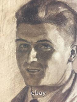 Very beautiful portrait drawing of a young man in a 1937 Art Deco dandy jacket, signed.