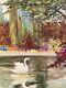 Very Beautiful Watercolor Painting On Paper Of A Lake In The Woods From 1930 To Identify Forest Swan