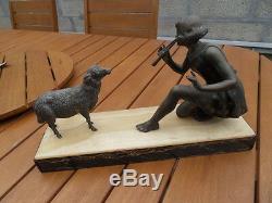 Vintage Art Nouveau Deco Statue Girl With Sheep Flute Signed By Geo Maxim