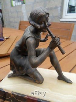 Vintage Art Nouveau Deco Statue Girl With Sheep Flute Signed By Geo Maxim