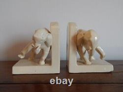 Vintage Pair of Art Deco Ceramic Elephant Bookends Signed