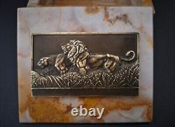 Vintage marble box with bronze plaque of lion and lioness signed Thénot Art Deco 1930