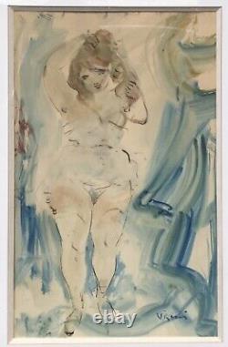 Watercolor Art Deco Painting Sylvain VIGNY (1903-1970) Nude Female Portrait