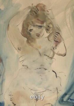 Watercolor Art Deco Painting Sylvain VIGNY (1903-1970) Nude Female Portrait