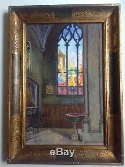 Watercolor C1920 Interior Of A Church With Stained Signed Madeleine Picolet