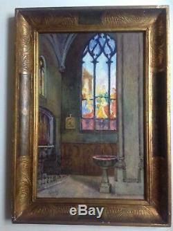 Watercolor C1920 Interior Of A Church With Stained Signed Madeleine Picolet