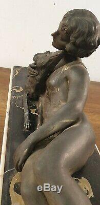 Woman And Dog Greyhound Art Deco Sculpture Statue Vintage 1930 Signed On Marble