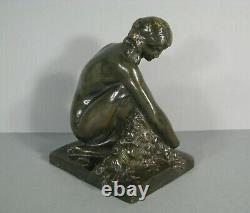 Woman Nue Ancienne Sculpture Bronze Art Deco Cire Lost Signed Marcel Bouraine