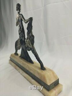 Woman With Greyhound In Silvered Bronze Signed Nisoul Art Deco Glassmaker Max 1930