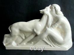 Yo1- Cracked Ceramic Sculpture Art Deco Woman And A Deer Signed Fontinelle