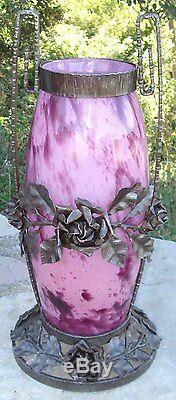 -important Vase Glass Art Deco Mount Wrought Iron 1930 Signed A. Delatte Nancy