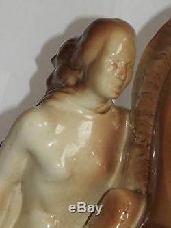 06c23 Ancienne Statue Femme Nue Sur Cheval Céramique Art Déco Signee Lemanceau