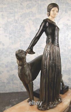 1930 Statue ART DECO Élégante Lévrier Femme Barzoï MENNEVILLE & ROCHARD Uriano