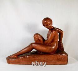 1930 Statue Sculpture Marcel BOURAINE Art Déco Femme Nue Baigneuse Terre Cuite
