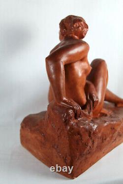 1930 Statue Sculpture Marcel BOURAINE Art Déco Femme Nue Baigneuse Terre Cuite