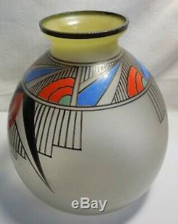 1930 Vase En Verre Emaille Art Deco Motifs Geometriques Signe Joma