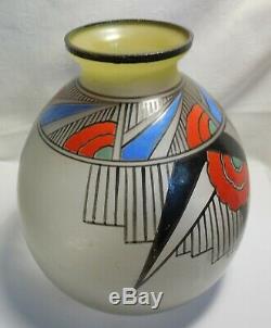 1930 Vase En Verre Emaille Art Deco Motifs Geometriques Signe Joma