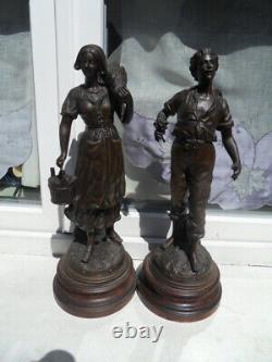 2 Ancienne statue regule couple Jardinier et Jardiniere signé CHAUVIN art deco