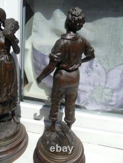 2 Ancienne statue regule couple Jardinier et Jardiniere signé CHAUVIN art deco