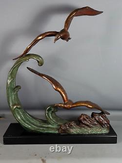A. Ouline deux goélands sculpture bronze patiné signé 68x50 cm. Très bel état