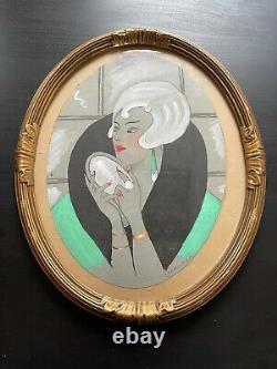 Achille MAUZAN tableau Art Déco signé et encadré portrait femme élégante