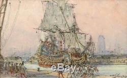 Albert SEBILLE dessin gouache tableau peintre marine port Dunkerque bateau voile