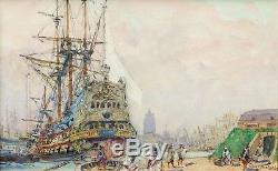 Albert SEBILLE dessin gouache tableau port Dunkerque marine voile bateau Arsenal