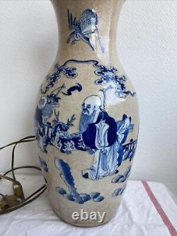 Ancien Pied De Lampe Vase Nankin Decor Bleu Asie Porcelaine Chine Signe Vintage