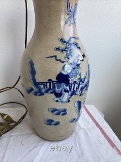 Ancien Pied De Lampe Vase Nankin Decor Bleu Asie Porcelaine Chine Signe Vintage