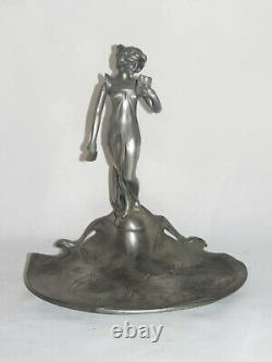 Ancien Vide Poche En Etain Avec Sculpture Femme Art Nouveau Signee Edles Zinn
