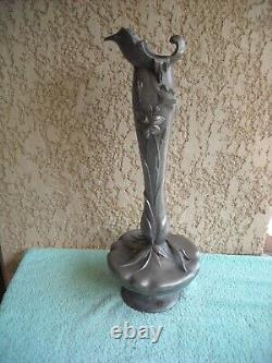 Ancien grand vase bronze & étain Art Nouveau signé Elsie Ward Hering H. 50 cm
